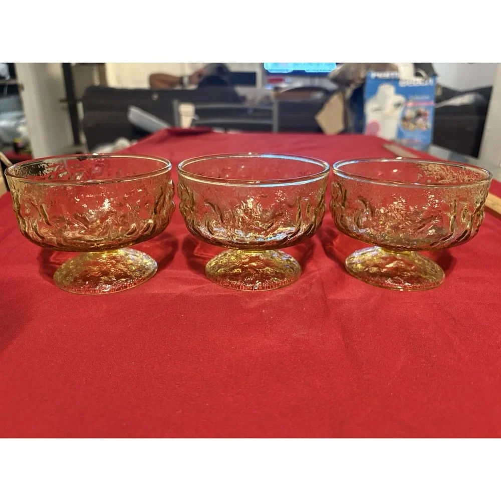 Vintage Amber Glass Dessert Bowls Sherbet Cups Set of 3 Indiana Milano Textured